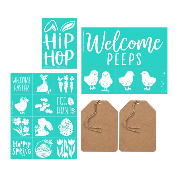 A set of teal stencils with Easter and spring designs, including bunnies, chicks, eggs, flowers, and phrases like "Hip Hop," "Welcome Peeps," "Happy Spring," and two blank brown gift tags with twine.