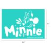 Turquoise background featuring a white outline of Minnie Mouse's face, a large bow, and the word "Minnie" in playful letters. Dimensions shown are 6.5 inches wide by 4.5 inches tall.