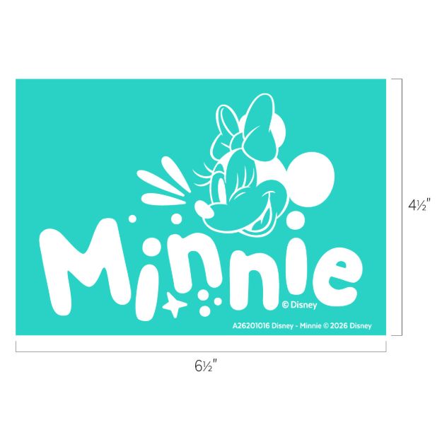 Turquoise background featuring a white outline of Minnie Mouse's face, a large bow, and the word "Minnie" in playful letters. Dimensions shown are 6.5 inches wide by 4.5 inches tall.