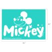 Teal background with a white outline drawing of Mickey Mouse's face above the bold word "Mickey" in playful lettering. Dimensions are 6.5 inches wide by 4.5 inches tall. Disney copyright text is at the bottom.