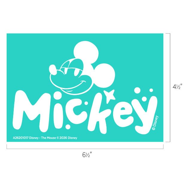 Teal background with a white outline drawing of Mickey Mouse's face above the bold word "Mickey" in playful lettering. Dimensions are 6.5 inches wide by 4.5 inches tall. Disney copyright text is at the bottom.