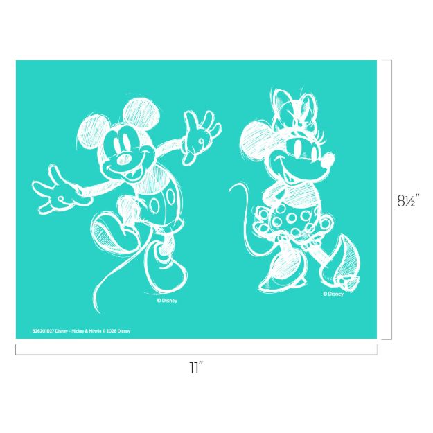 White sketch drawings of Mickey Mouse and Minnie Mouse stand side by side on a turquoise background. Dimensions of the image are noted as 11 inches wide by 8.5 inches tall.