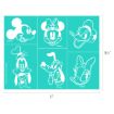 Six white stencil drawings of Disney characters—Mickey Mouse, Minnie Mouse, Donald Duck, Goofy, Pluto, and Daisy Duck—are arranged in a turquoise grid. Dimensions are shown as 11 inches by 8.5 inches.