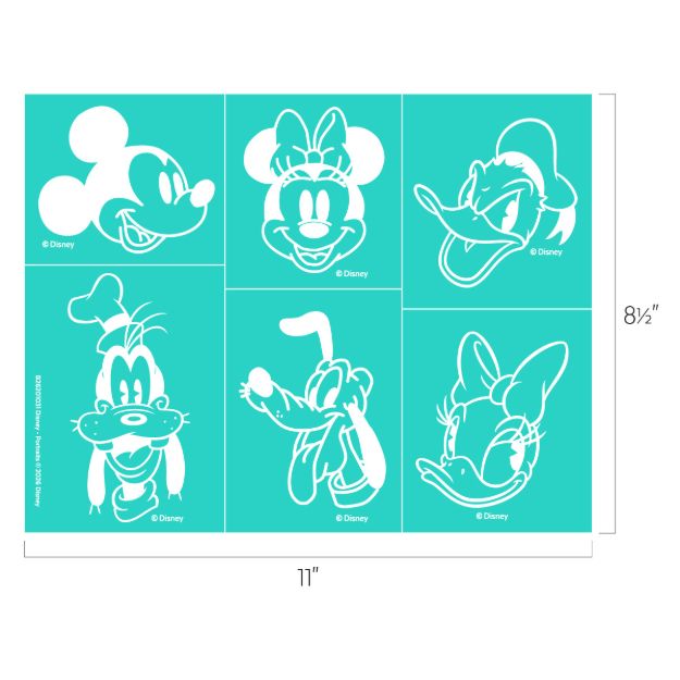 Six white stencil drawings of Disney characters—Mickey Mouse, Minnie Mouse, Donald Duck, Goofy, Pluto, and Daisy Duck—are arranged in a turquoise grid. Dimensions are shown as 11 inches by 8.5 inches.