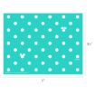 A teal rectangular sheet with evenly spaced white polka dots. Two dots are shaped like Mickey Mouse and Minnie Mouse heads. The sheet measures 11 inches wide by 8.5 inches tall.