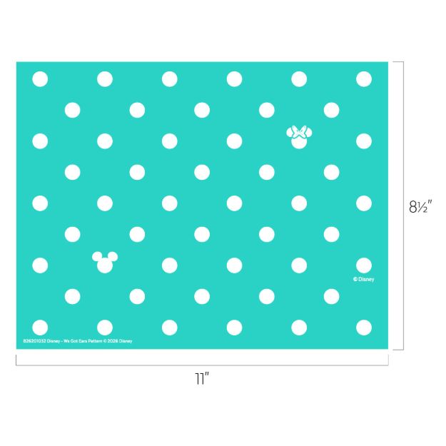 A teal rectangular sheet with evenly spaced white polka dots. Two dots are shaped like Mickey Mouse and Minnie Mouse heads. The sheet measures 11 inches wide by 8.5 inches tall.
