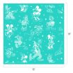 Turquoise square (18"x18") with white line drawings of Disney characters Mickey, Minnie, Donald, Goofy, and Pluto in various playful poses, scattered with small stars and dots.