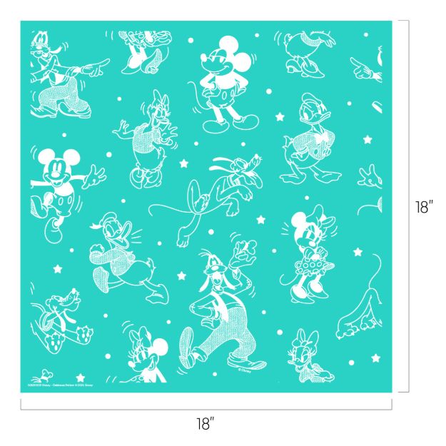 Turquoise square (18"x18") with white line drawings of Disney characters Mickey, Minnie, Donald, Goofy, and Pluto in various playful poses, scattered with small stars and dots.