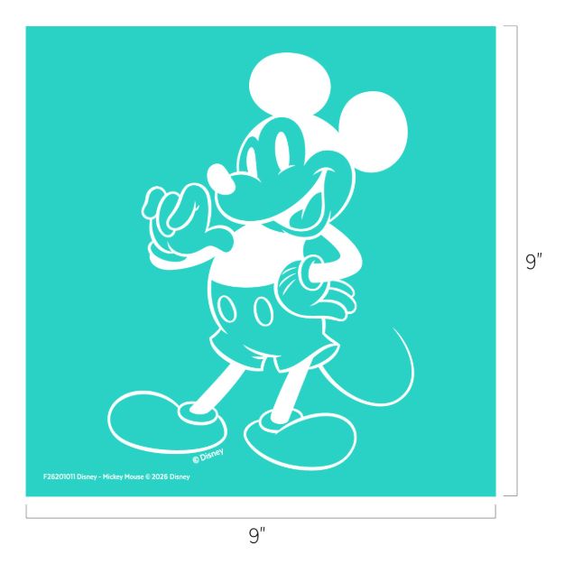 White outline illustration of Mickey Mouse smiling and waving, set against a teal square background. The image dimensions are labeled as 9 inches by 9 inches.