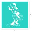 White line drawing of Minnie Mouse with a bow, polka-dot skirt, and heels, standing and smiling on a turquoise square background. The image measures 9 by 9 inches.