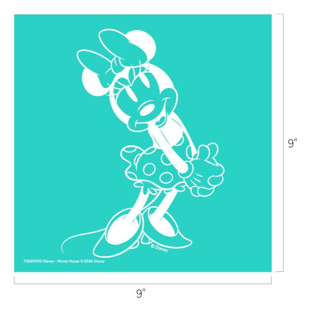 White line drawing of Minnie Mouse with a bow, polka-dot skirt, and heels, standing and smiling on a turquoise square background. The image measures 9 by 9 inches.