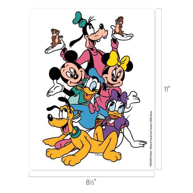 A colorful illustration of Disney characters Goofy, Mickey Mouse, Minnie Mouse, Donald Duck, Daisy Duck, Pluto, Chip, and Dale, all smiling and posing together with Goofy holding Chip and Dale in his hands.