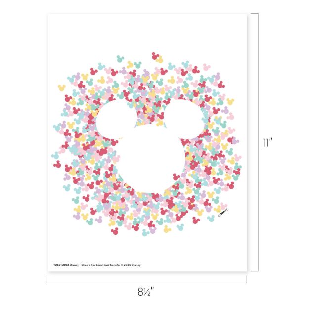 A white sheet measuring 8.5 by 11 inches features a large Mickey Mouse head silhouette, filled with a pattern of many small, colorful Mickey Mouse heads in pink, blue, yellow, and red.
