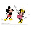 Mickey Mouse points upward while smiling, wearing red shorts and yellow shoes. Minnie Mouse stands beside him, smiling and waving, wearing a pink dress with a yellow bow and matching yellow shoes. Image dimensions are 11 by 8.5 inches.