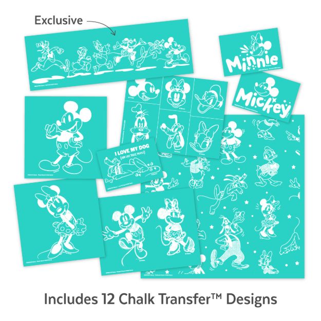 A set of 12 teal chalk transfer sheets featuring white line art of Mickey Mouse, Minnie Mouse, Pluto, Goofy, and other Disney designs. An arrow points to an exclusive Minnie Mouse design. Text: "Includes 12 Chalk Transfer™ Designs.