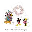 Three colorful heat transfer designs featuring Disney characters: one with a Mickey Mouse head silhouette made of hearts, one with Mickey and Minnie Mouse standing, and one with a group of classic Disney characters. Text reads: "Includes 3 Heat Transfer Designs".