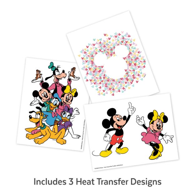 Three colorful heat transfer designs featuring Disney characters: one with a Mickey Mouse head silhouette made of hearts, one with Mickey and Minnie Mouse standing, and one with a group of classic Disney characters. Text reads: "Includes 3 Heat Transfer Designs".