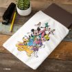 A white laptop sleeve featuring colorful illustrations of Disney characters—Mickey Mouse, Minnie Mouse, Goofy, Donald Duck, Daisy Duck, and Pluto. The sleeve is on a desk with a laptop, pencil, stapler, and a small potted plant.