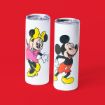 Two white tumblers featuring colorful images of Minnie Mouse in a pink dress and yellow bow, and Mickey Mouse in red shorts and yellow shoes, both standing on a bright red background.