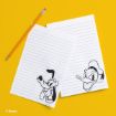 Two sheets of lined paper with black-and-white drawings of Disney characters, Goofy and Donald Duck, next to a yellow pencil on a bright yellow background.