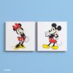 Two square tiles with illustrations of Minnie Mouse (left) in a red bow and skirt, and Mickey Mouse (right) in red shorts, both smiling and standing on a light blue background.