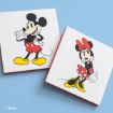 Two square wooden plaques on a blue background, one featuring Mickey Mouse in red shorts and yellow shoes, the other featuring Minnie Mouse in a red bow, red skirt, and yellow shoes. Both are classic Disney cartoon characters.