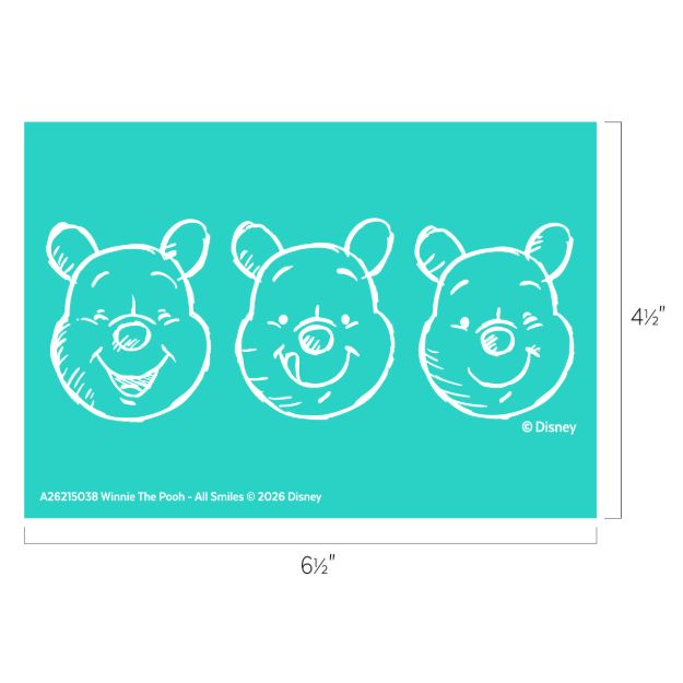 Three white, sketched outlines of Winnie the Pooh's smiling face are shown in a row on a teal background. Dimensions are marked as 6.5 inches wide by 4.5 inches high. Disney copyright and product code are included.