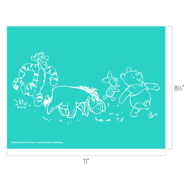 White line drawings of Tigger, Eeyore, Piglet, and Winnie the Pooh in a row on a teal background. Image dimensions are labeled as 11 inches wide by 8.5 inches tall.