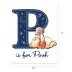 Illustration of Winnie the Pooh lying on his back holding a honey pot, next to a large decorated letter "P" with stars, moons, and bees. Text below reads "is for Pooh." Image size is 8.5" by 11".