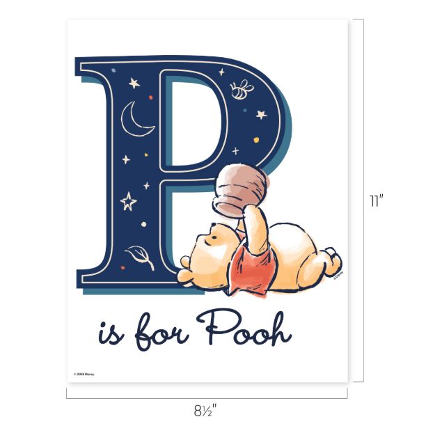 Illustration of Winnie the Pooh lying on his back holding a honey pot, next to a large decorated letter "P" with stars, moons, and bees. Text below reads "is for Pooh." Image size is 8.5" by 11".