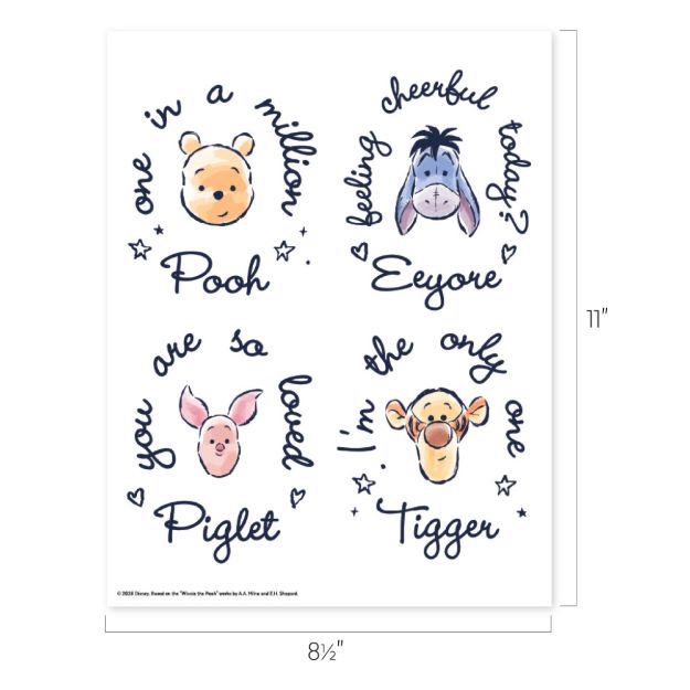 Four illustrated squares show Winnie the Pooh, Eeyore, Piglet, and Tigger with handwritten phrases: "one in a million Pooh," "feeling cheerful today? Eeyore," "you are so loved Piglet," and "I’m the only one Tigger.