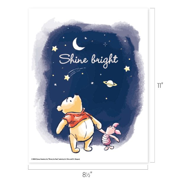 Illustration of Winnie the Pooh and Piglet looking up at the night sky with stars, a crescent moon, and a planet. The phrase "Shine bright" is written above them. Dimensions are 8.5 by 11 inches.