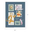 A blue card featuring stamp-style illustrations of Winnie the Pooh, Tigger, Piglet, Eeyore, a beehive, and blueberries, with the text "Sincerely yours... 100 Acre Wood." Dimensions: 8.5" x 11".
