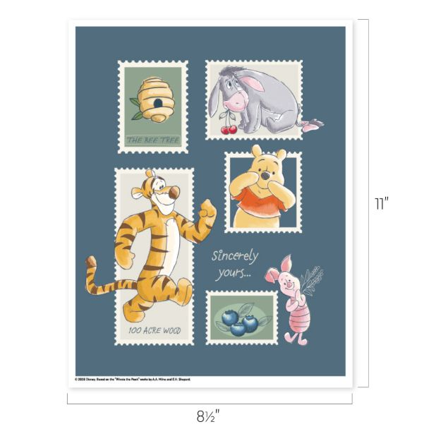 A blue card featuring stamp-style illustrations of Winnie the Pooh, Tigger, Piglet, Eeyore, a beehive, and blueberries, with the text "Sincerely yours... 100 Acre Wood." Dimensions: 8.5" x 11".