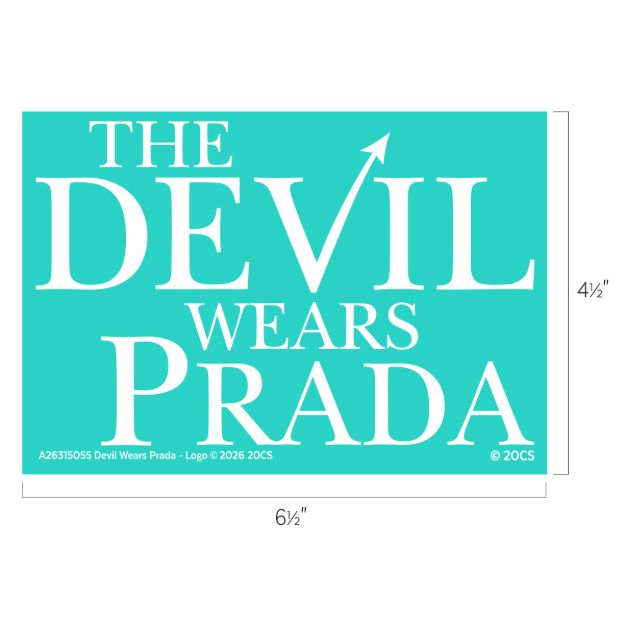 White text on a turquoise background reads, “The Devil Wears Prada.” The "V" in "Devil" has a pointed arrow tip. Dimensions are indicated: 6 1/2 inches wide by 4 1/2 inches tall. Small copyright text is at the bottom.