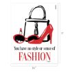 Illustration of a red high heel, sunglasses, lipstick, and a handbag with the text, "You have no style or sense of FASHION." Dimensions shown are 8.5 inches wide by 11 inches tall.