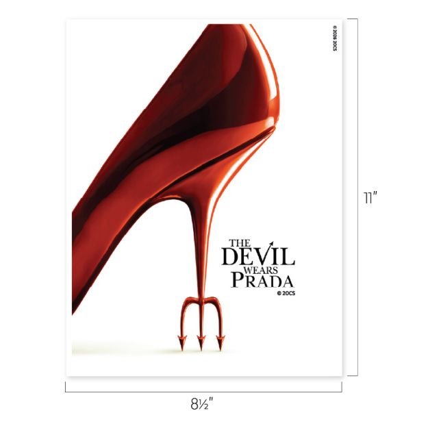 A red high-heeled shoe with a heel shaped like a devil's pitchfork. The text reads "The Devil Wears Prada." The image dimensions are 8.5 inches wide by 11 inches tall.