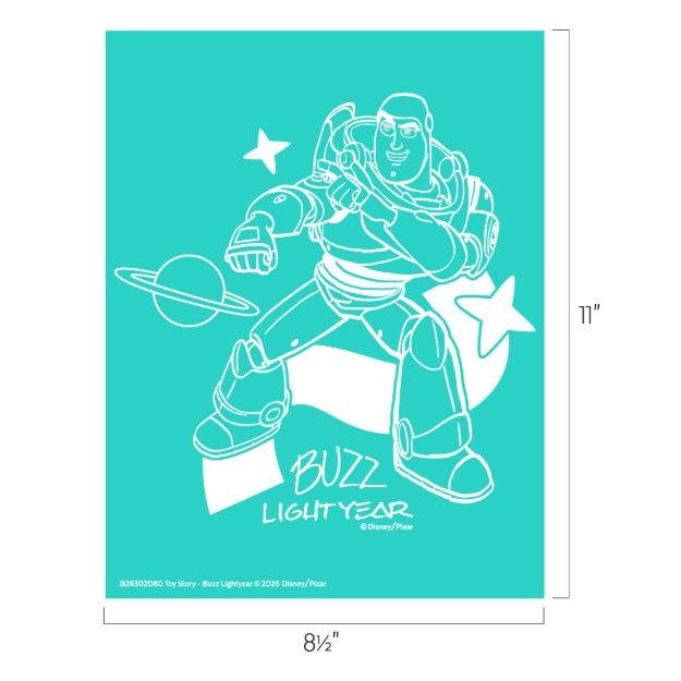 A white line drawing of Buzz Lightyear from Toy Story on a teal background, with a planet, two stars, and his name, "Buzz Lightyear," written below. The image measures 8.5 by 11 inches.