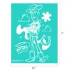 Outline drawing of Woody from Toy Story on a teal background, surrounded by clouds, a horseshoe, a star, a swirl, and his signature. The image is 8.5 inches wide and 11 inches tall.