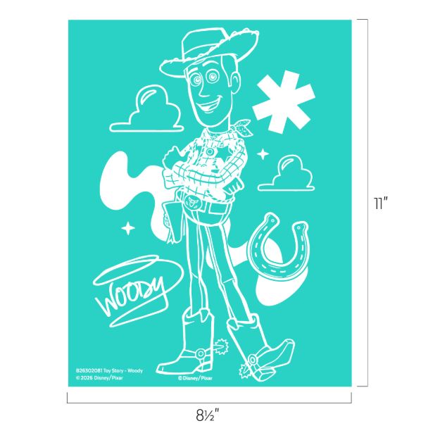 Outline drawing of Woody from Toy Story on a teal background, surrounded by clouds, a horseshoe, a star, a swirl, and his signature. The image is 8.5 inches wide and 11 inches tall.
