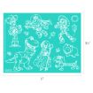White line drawings of Toy Story characters, including Woody, Buzz Lightyear, Jessie, Rex, Bo Peep, Hamm, and Slinky Dog, along with small flowers and a sun, on a teal background. Dimensions: 11” x 8.5”.