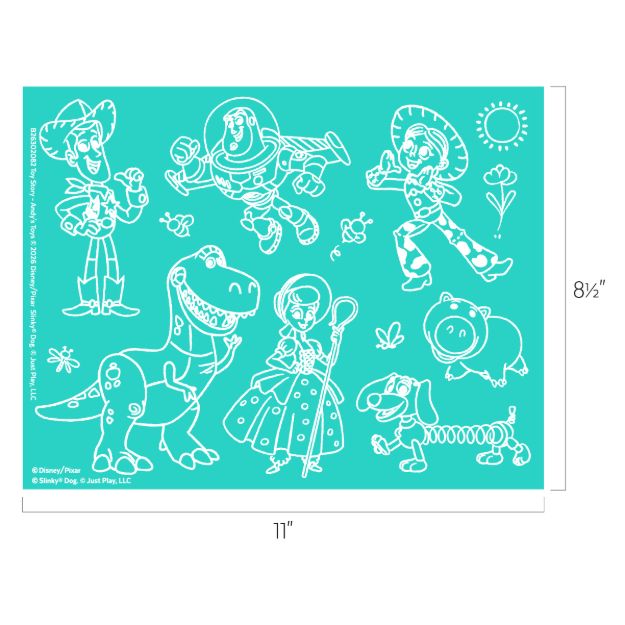 White line drawings of Toy Story characters, including Woody, Buzz Lightyear, Jessie, Rex, Bo Peep, Hamm, and Slinky Dog, along with small flowers and a sun, on a teal background. Dimensions: 11” x 8.5”.
