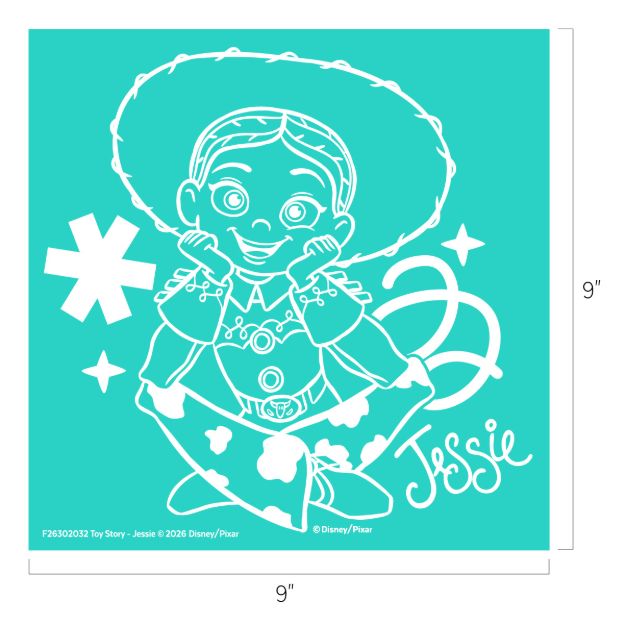 Line art illustration of Jessie from Toy Story, smiling and resting her chin on her hands. She wears her signature cowgirl outfit and hat, with her name "Jessie" written in script on the side. The background is teal.