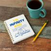 A notebook with "To Infinity and Beyond" and an illustration of Buzz Lightyear on the cover sits on a wooden table next to a yellow pencil and a teal mug filled with coffee.