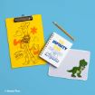 A yellow clipboard with a sketch of Woody, a notebook with "To Infinity and Beyond" text, a pencil, and a white mouse pad with a drawing of Rex the dinosaur on a light blue background.
