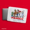 A laptop sleeve featuring Toy Story characters—Buzz Lightyear, Jessie, Woody, Bullseye, Bo Peep, Forky, and Aliens—with the text "FAMILY sticks together" on a bright red background.