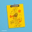 A yellow clipboard features a black line drawing of Woody from Toy Story, surrounded by playful shapes and a horseshoe, with Woody's name signed at the bottom. The Disney/Pixar logo appears in the corner.
