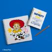 Two spiral notebooks and an orange pencil on a blue background. One notebook features Jessie from Toy Story, and the other has Buzz Lightyear with the words "TO INFINITY AND BEYOND." © Disney/Pixar.