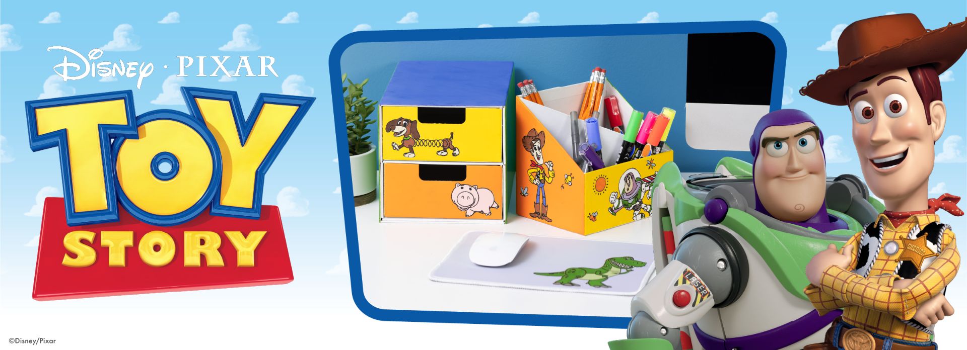 Toy Story banner with Buzz Lightyear and Woody posing, the Toy Story logo, and a desk setup featuring colorful Toy Story-themed organizers and a mousepad with Rex the dinosaur.