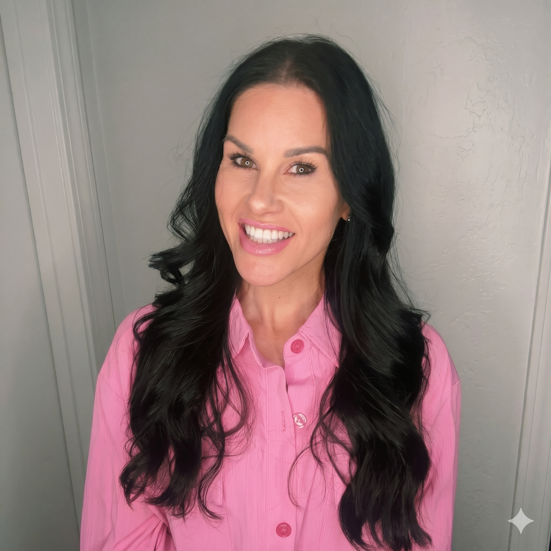 A woman with long, wavy dark hair smiles at the camera. She is wearing a bright pink button-up shirt and is standing against a plain light gray background.